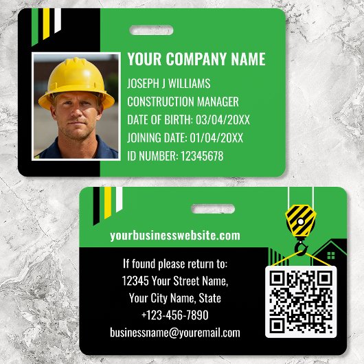 Badge ID de construction personnalisé Code QR vert noir