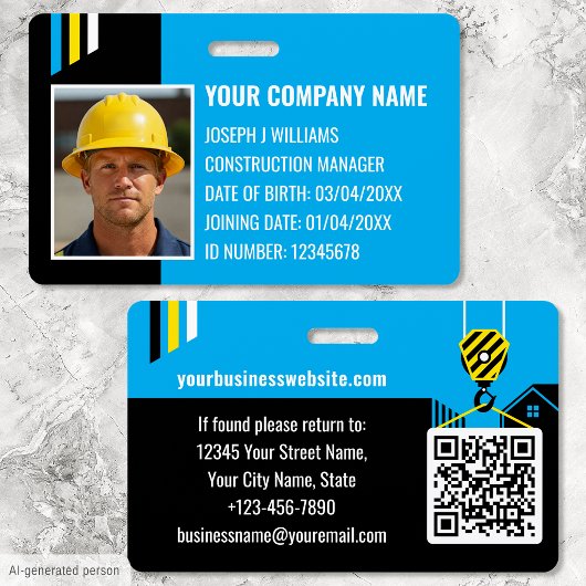 Badge ID de construction personnalisé Travail QR Code Bl