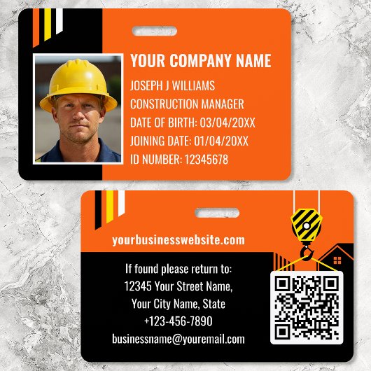 Badge ID de construction personnalisé Travail QR Code Or