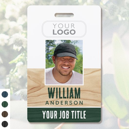 Badge ID d'employé rustique Nom Logo Photo Bois vert