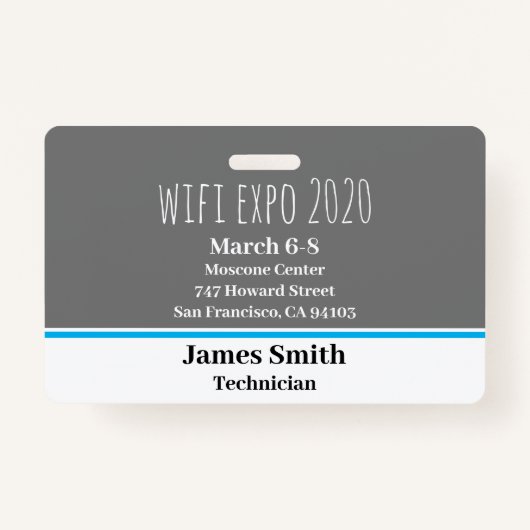 Badge ID d'exposition gris horizontal, blanc et bleu (Devant)