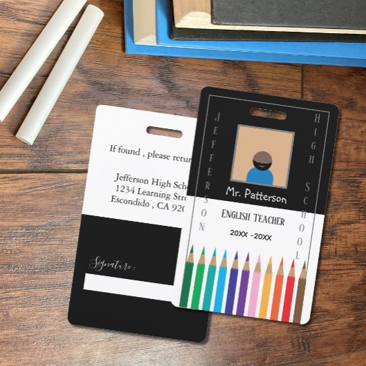 Badge ID Enseignant Crayons de Couleur Noir et Bla