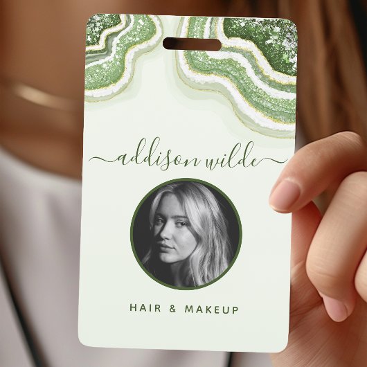 Badge ID Luxe en Géode d'agate à paillettes vert é