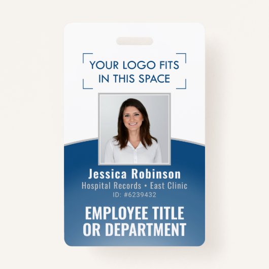 Badge ID photo de l'employé Code-barres Logo Courbe bleu (Devant)