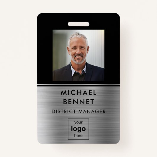 Badge ID photo de l'employé noir d'argent moderne (Devant)