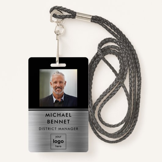 Badge ID photo de l'employé noir d'argent moderne (Devant avec lanière)