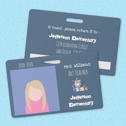 Badge ID photo horizontal bleu pour professeur d'a