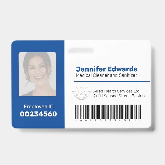 Badge Identifiant de l'employé ID code-barres photo bleu (Avant)