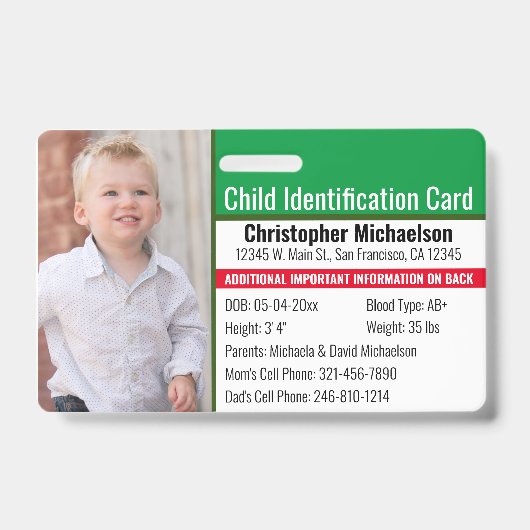 Badge Identifiant de l'enfant Allergie d'urgence Identif (Avant)