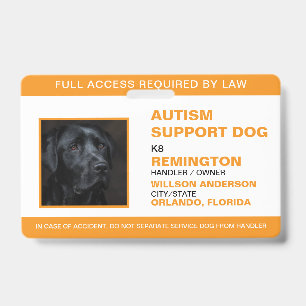 Badge Identifiant photo de chien de service blanc orange