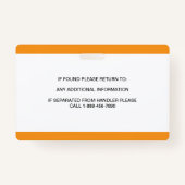 Badge Identifiant photo de chien de service blanc orange (Dos)