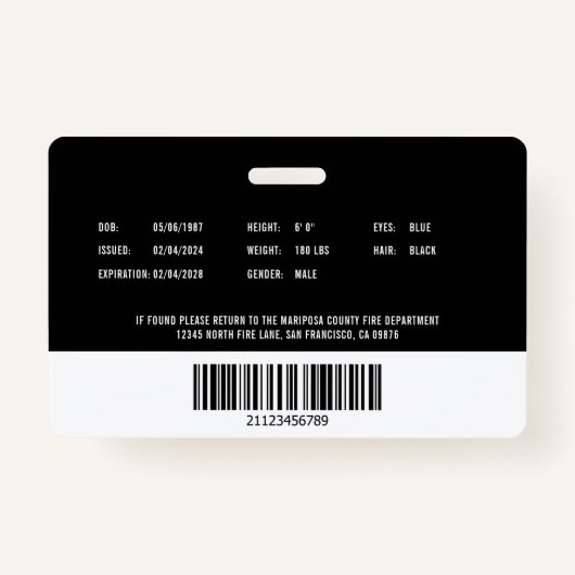 Badge Identifiant photo de l'employé du pompier personna (Dos)