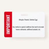 Badge Identification de la photo pour enfant Allergie d' (Dos)