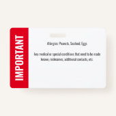 Badge Identification de la photo pour enfant Allergie d' (Dos)