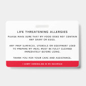 Badge Identification de l'enfant Alerte d'allergie ID d' (Back)