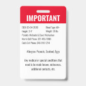 Badge Identification de l'enfant Allergie Médicale Urgen (Back)