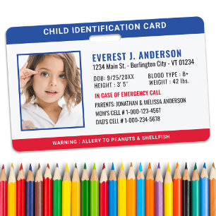 Badge Identification de l'enfant d'urgence Photo personn