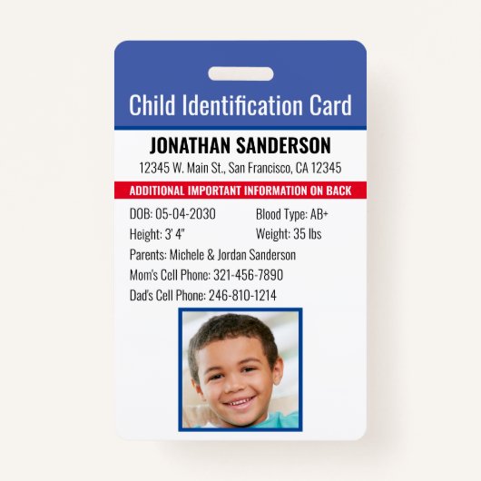 Badge Identification de l'enfant Identifiant d'urgence A (Devant)