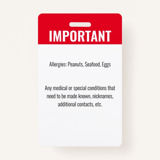 Badge Identification de l'enfant Identifiant d'urgence A (Dos)