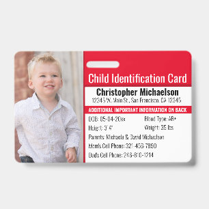 Badge Identification de l'enfant Photo d'urgence en cas