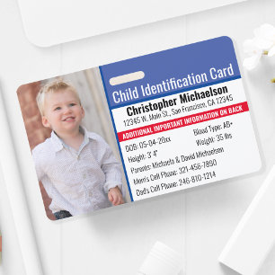 Badge Identification de l'enfant Photo d'urgence en cas