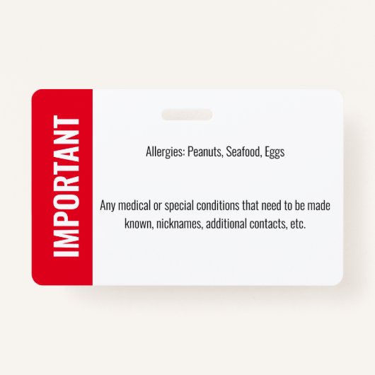 Badge Identification de l'identité de l'enfant Allergie (Dos)