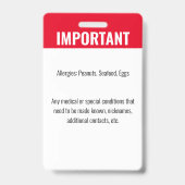 Badge Identification de l'identité de l'enfant Allergie (Arrière)