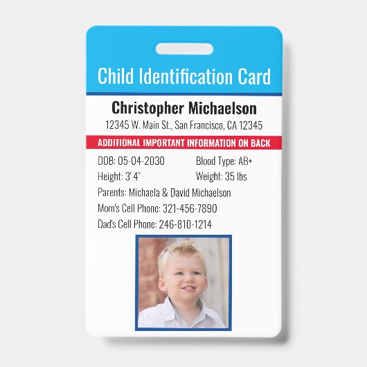 Badge Identification de l'identité de l'enfant Allergie (Avant)