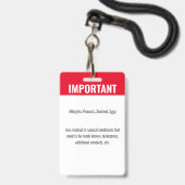Badge Identification de l'identité de l'enfant Allergie  (Arrière avec lanière)