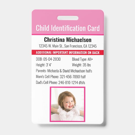 Badge Identification de l'identité de l'enfant Allergie (Avant)