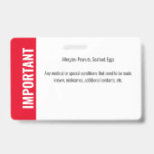 Badge Identification de l'identité de l'enfant Allergie  (Arrière)