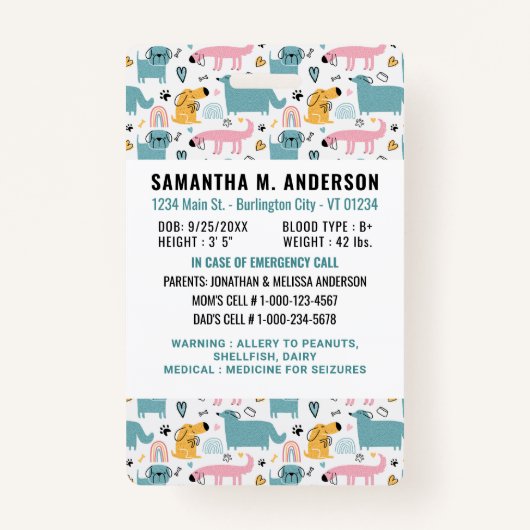 Badge Identification des enfants Chiens mignons d'urgenc (Dos)