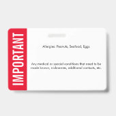 Badge Identification médicale d'urgence pour enfant alle (Arrière)