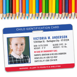 Badge Identification par photo Sécurité d'urgence Enfant