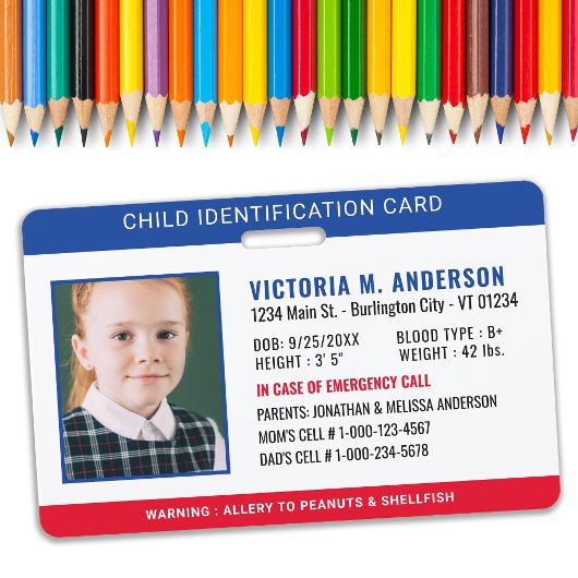 Badge Identification par photo Sécurité d'urgence Enfant