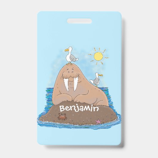 Badge Illustration de dessin animé de morse heureux drôl (Avant)