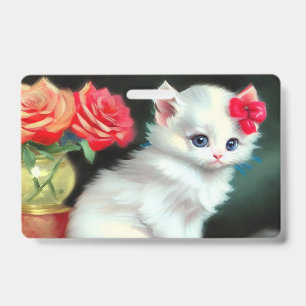 Badge Illustration vintage de Kitten blanc avec fleurs r