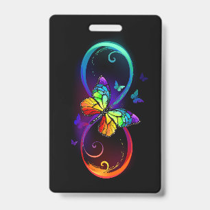 Badge Infini vibrant avec papillon arc-en-ciel sur fond