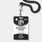Badge Infirmière diplômée caducée noir et blanc photo ID (Avant avec lanière)