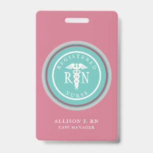 Badge Infirmière diplômée IR rose moderne nom médical