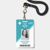 Badge Infirmière diplômée RN triangles bleus sarcelle gé (Avant avec lanière)
