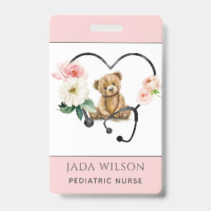 Badge Infirmière pédiatrique Teddy Ours Floral Stethosco