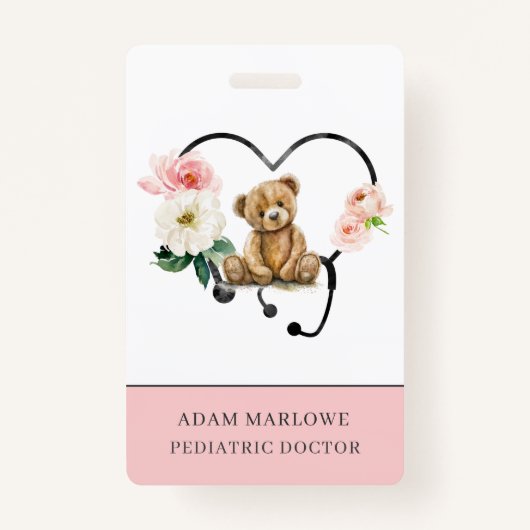 Badge Infirmière pédiatrique Teddy Ours Floral Stethosco (Devant)