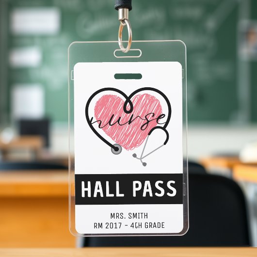 Badge Infirmière Stethoscope Coeur rose Passe Hall blanc