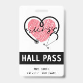 Badge Infirmière Stethoscope Coeur rose Passe Hall blanc (Front)