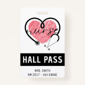 Badge Infirmière Stethoscope Coeur rose Passe Hall blanc (Devant)