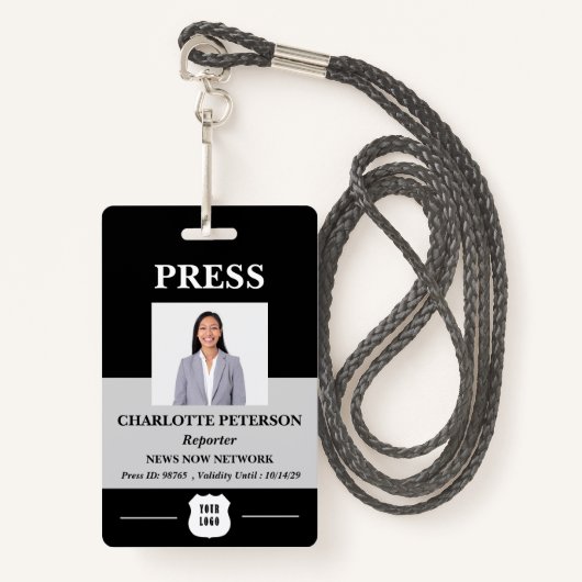 Badge Insigne d'identification de la presse photo et log (Devant avec lanière)