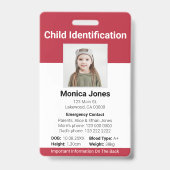 Badge Insigne rouge photo d'identification de l'enfant (Avant)