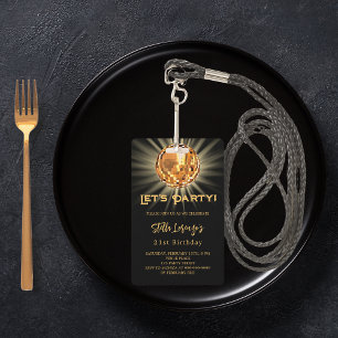 Badge Invitation anniversaire disco party black gold