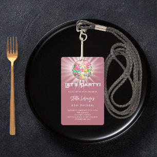 Badge Invitation anniversaire rose gold soirée disco